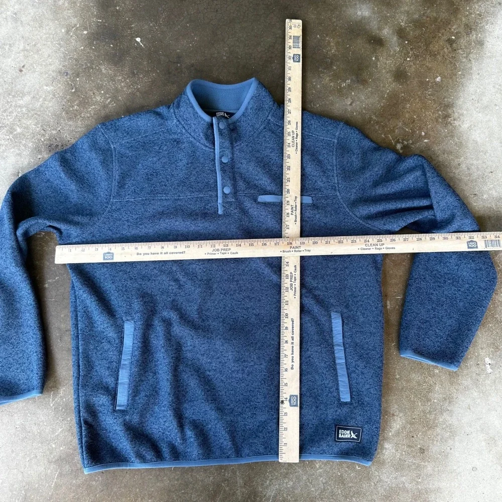 Eddie Bauer Fleece Pullover Mens Large Blue Excellent Heathered Snap Mock Neck